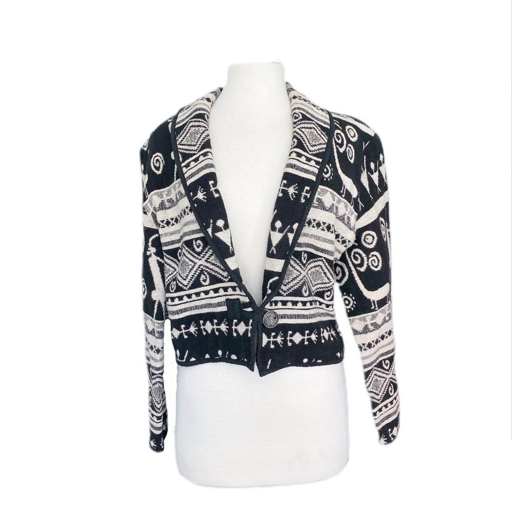Vintage Crop Black/White Boho Jacket | Medium